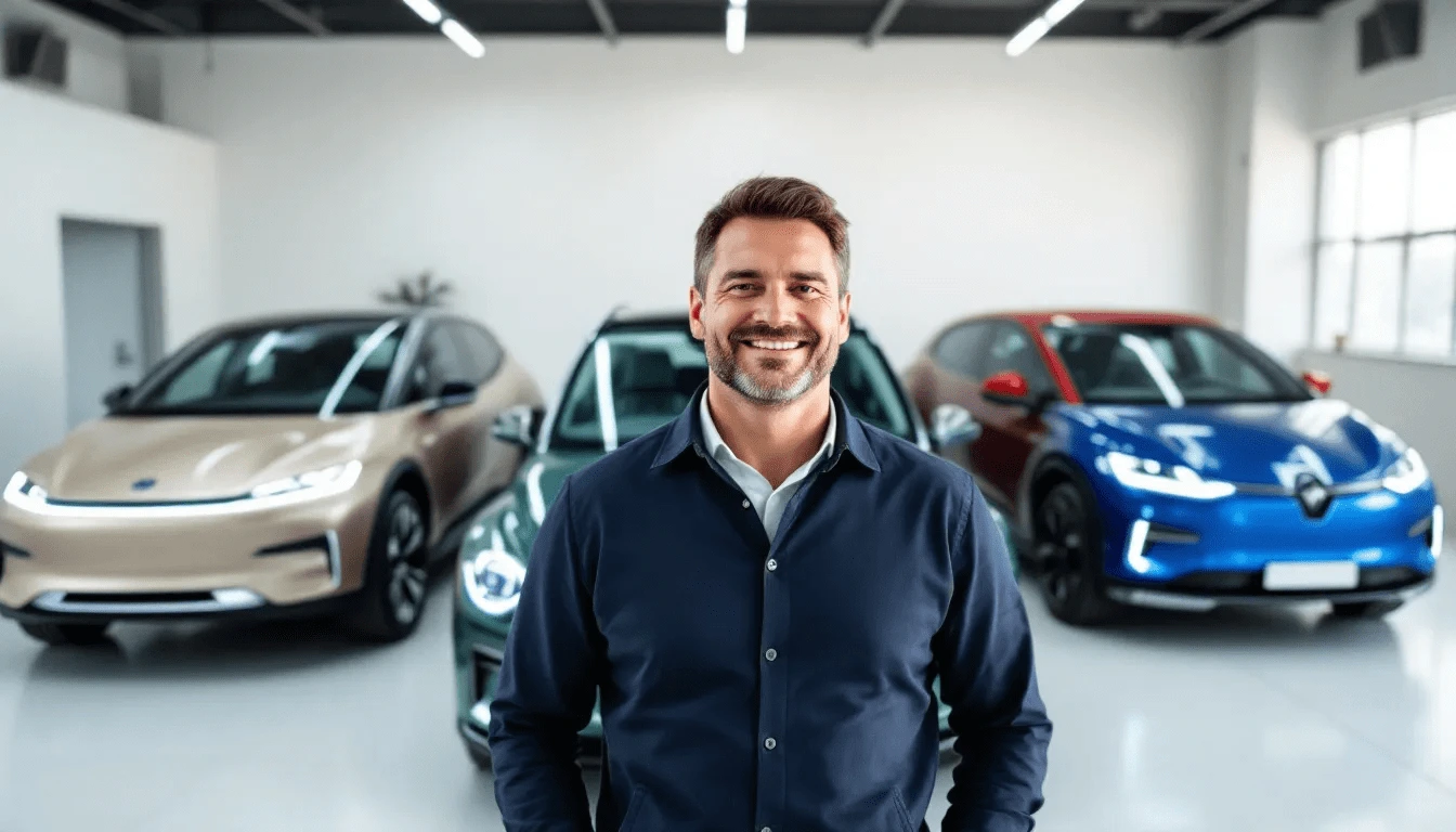 Das Bild zeigt einen Mann, der vor drei Elektroautos steht