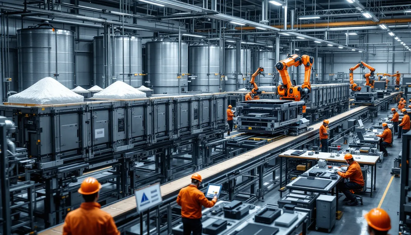 In der Fabrik zur Herstellung von Elektroauto-Batterien sind Arbeiter mit Schutzausrüstung beschäftigt, während sie Lithium-Ionen-Akkus montieren, die für Elektrofahrzeuge benötigt werden. Die Umgebung ist geprägt von modernen Maschinen und Komponenten, die zur Produktion von leistungsstarken E-Auto Akkus beitragen.