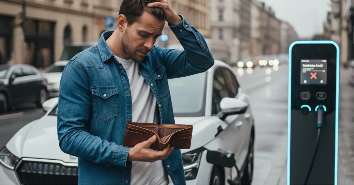 Mann steht frustriert mit leerem Geldbeutel neben seinem Elektroauto an einer Ladesäule