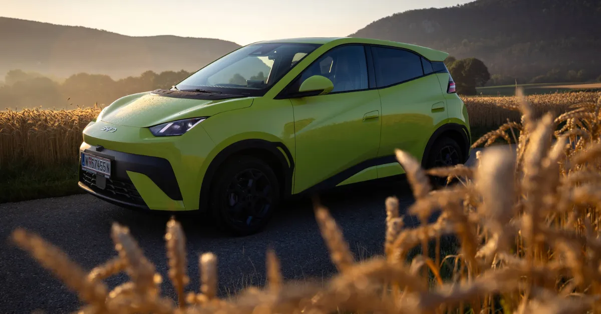 BYD Dolphin Surf Elektroauto in Grün – kompakter Preis-Leistungs-Tipp für urbane Fahrer im Sonnenuntergang