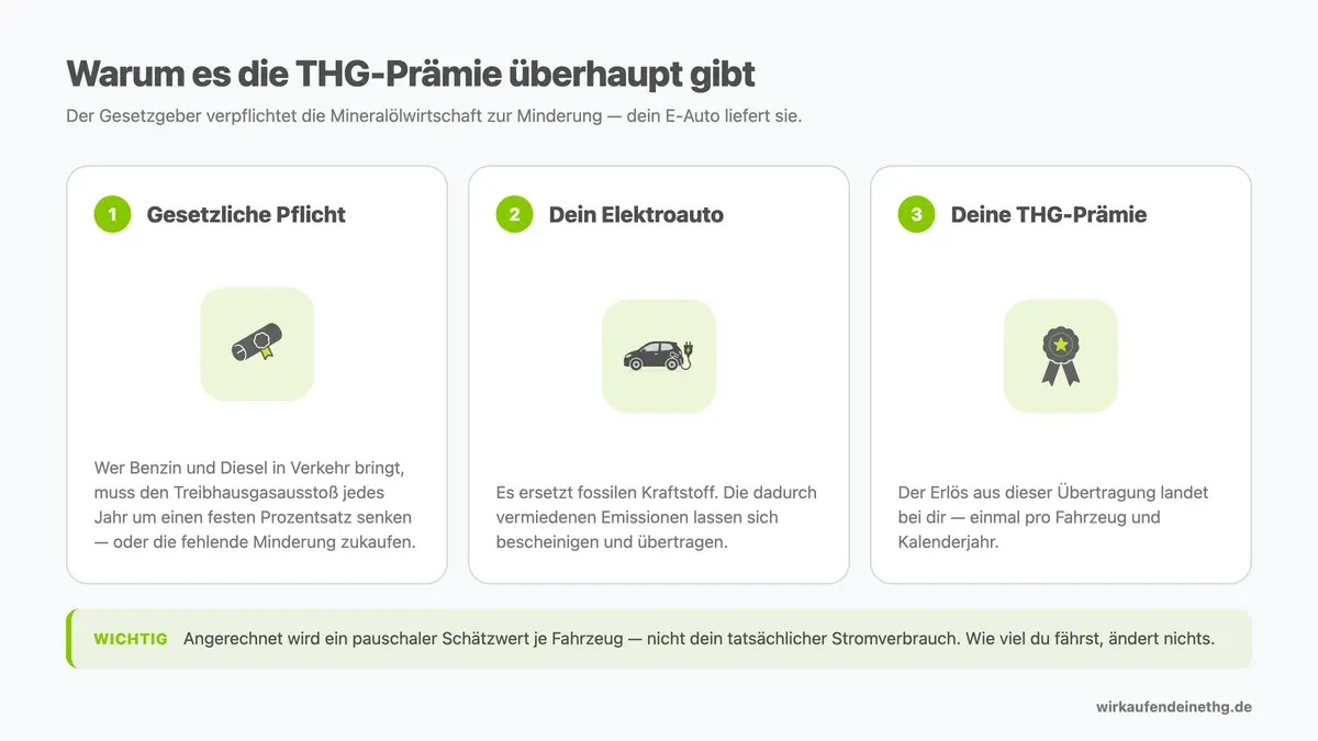 Woher die THG-Prämie kommt: gesetzliche Pflicht, eingesparte Emissionen, Erlös.