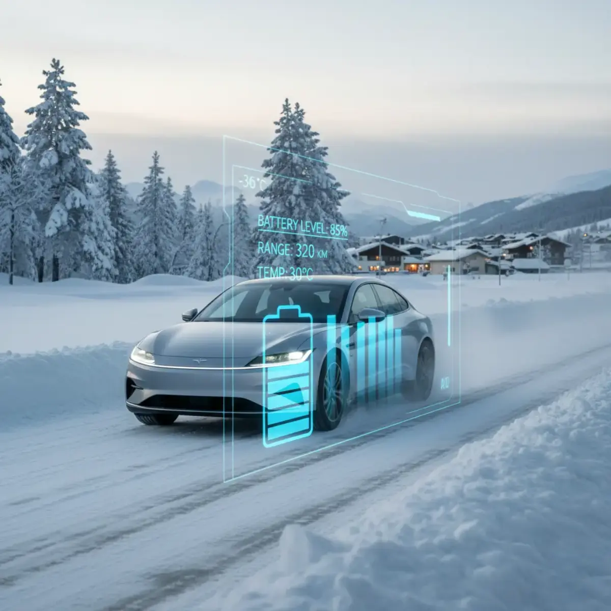 Elektroauto im Winter bei Minusgraden mit visualisierter Batterieleistung