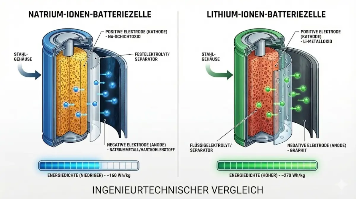 Vergleich zwischen Natrium-Ionen-Batterie und Lithium-Ionen-Batterie mit visualisierter Energiedichte