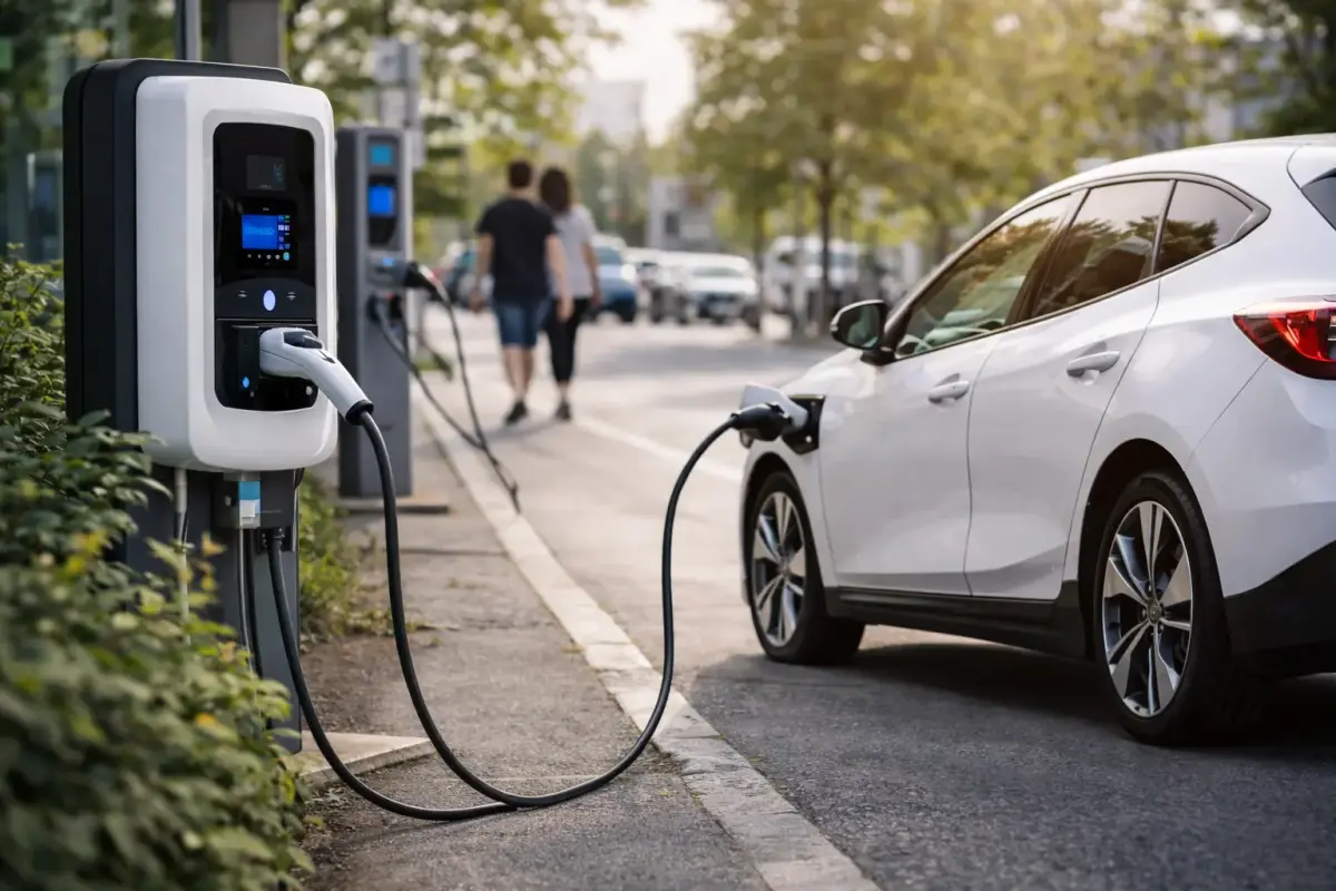 E-Auto lädt an öffentlicher Ladesäule – Stromkosten pro 100 km variieren je nach Anbieter