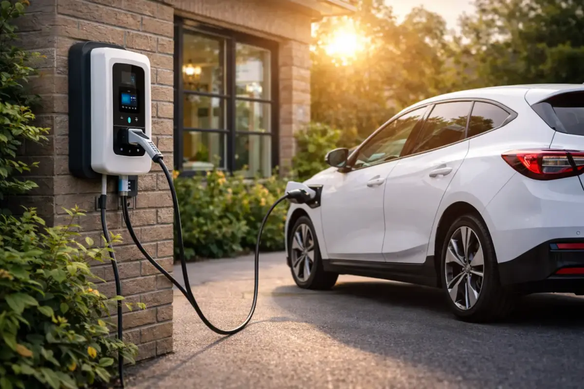 E-Auto lädt an Wallbox zu Hause – geringere Stromkosten pro 100 km