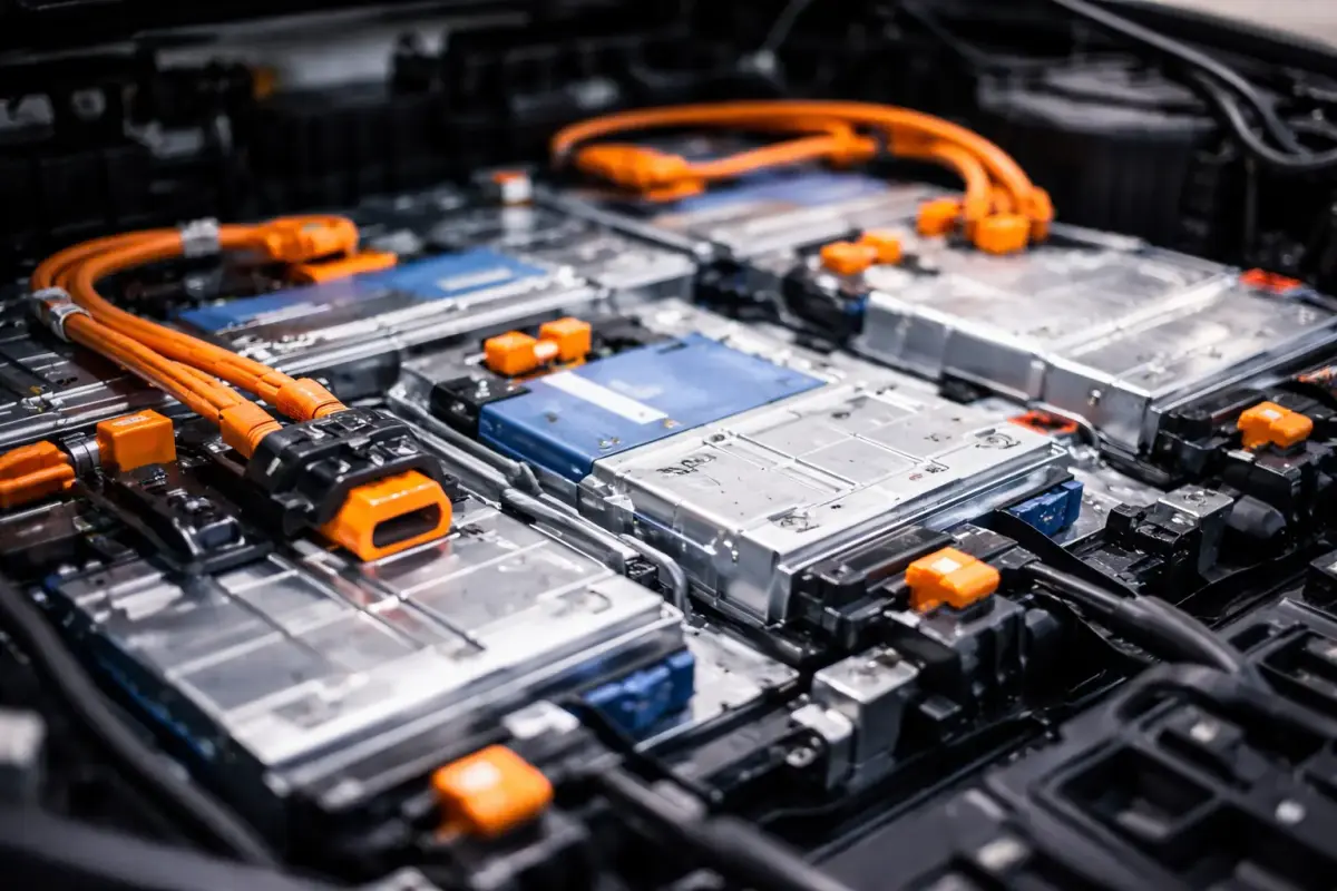 Lithium-Ionen-Akku eines Elektroautos mit Hochvolt-Kabeln – wichtiger Kostenfaktor beim E-Auto.