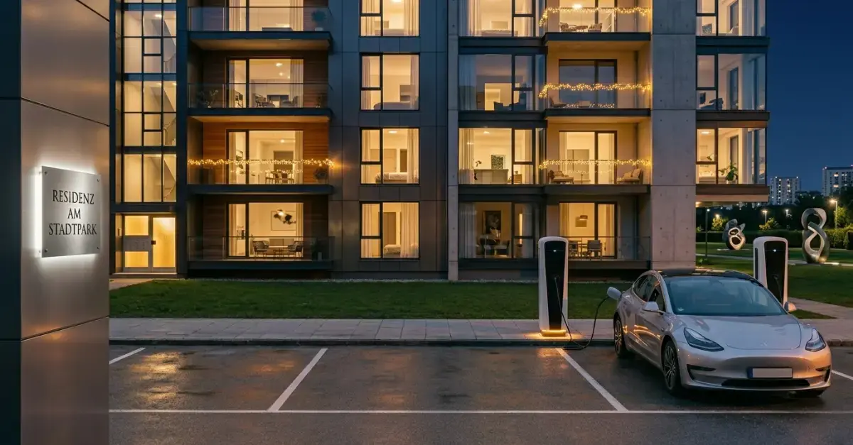 E-Auto laden zu Hause im Mehrparteienhaus als Teil des Alltags