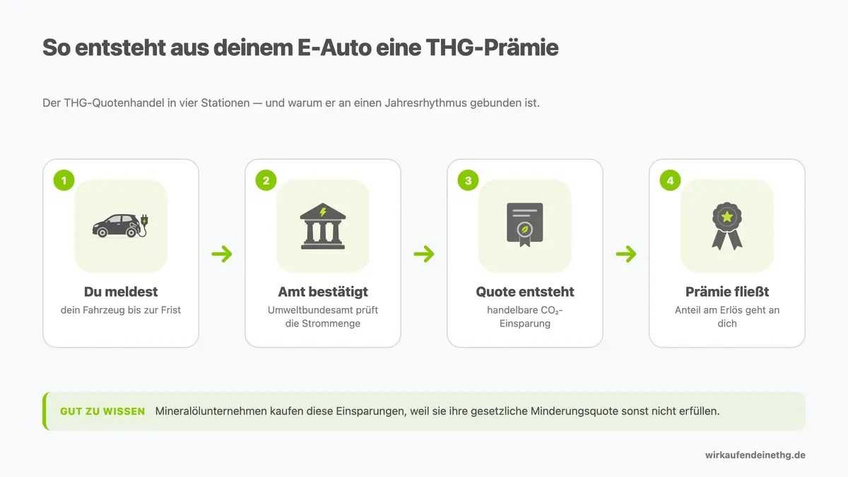 THG-Quotenhandel 2026 erklärt: E-Auto melden, Strommenge vom Umweltbundesamt bestätigen lassen, Quote handeln, THG-Prämie erhalten