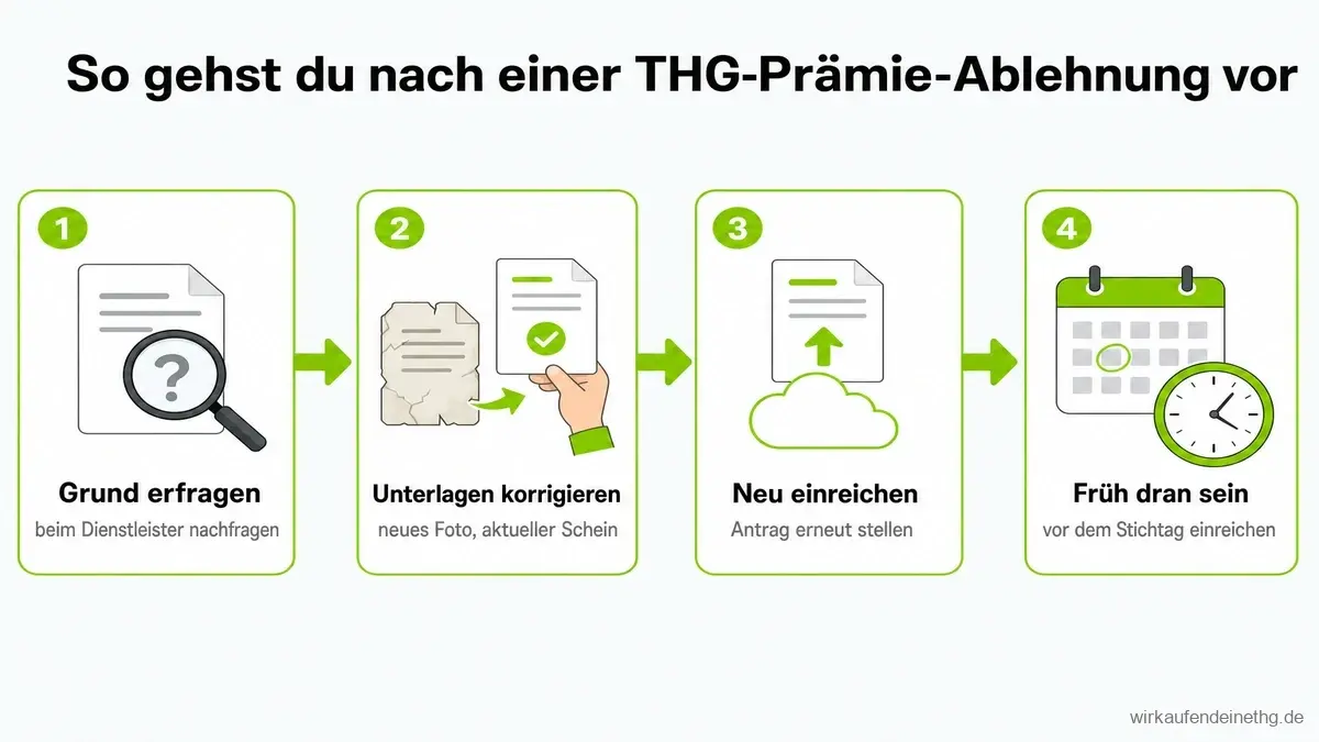 THG-Prämie abgelehnt, was jetzt: in vier Schritten vom Ablehnungsgrund über korrigierte Unterlagen zur neuen Einreichung vor der Frist
