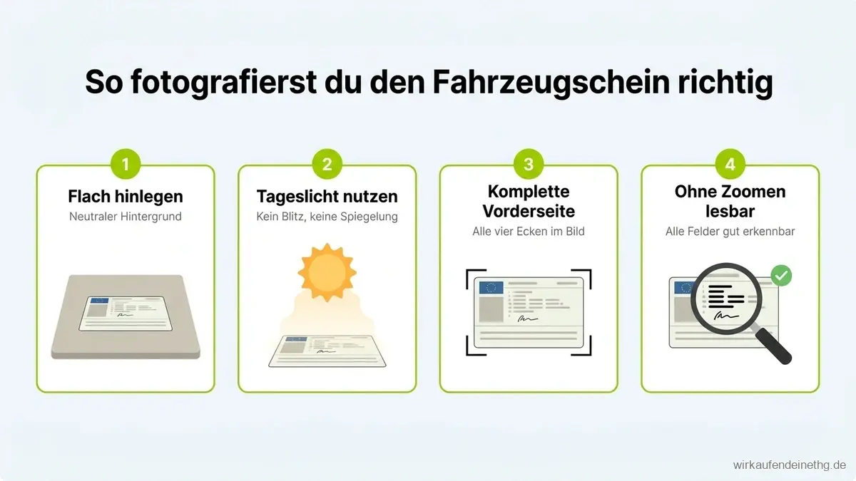 So fotografierst du den Fahrzeugschein für die THG-Quote: flach hinlegen, Tageslicht, neutraler Hintergrund, alle Felder lesbar