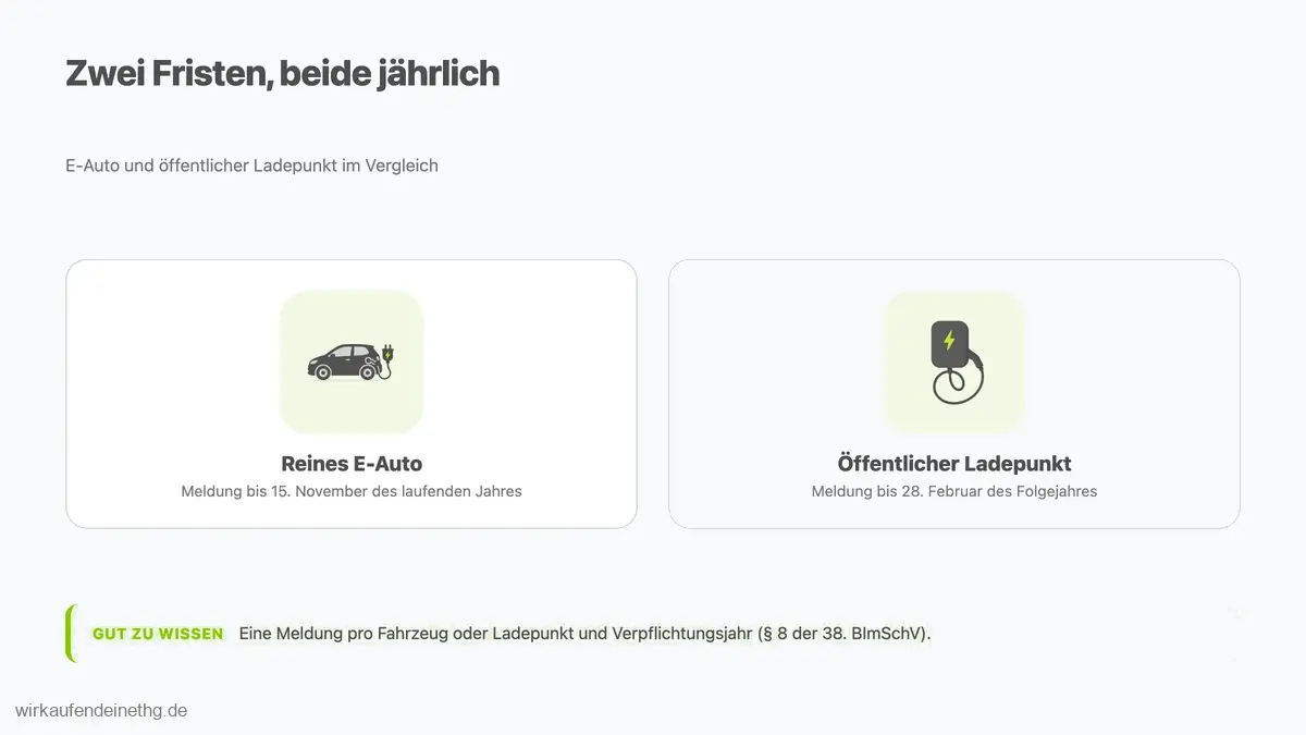 Fristen der THG-Quote im Vergleich: reines E-Auto bei uns bis 10. November, öffentlicher Ladepunkt bis 28. Februar des Folgejahres