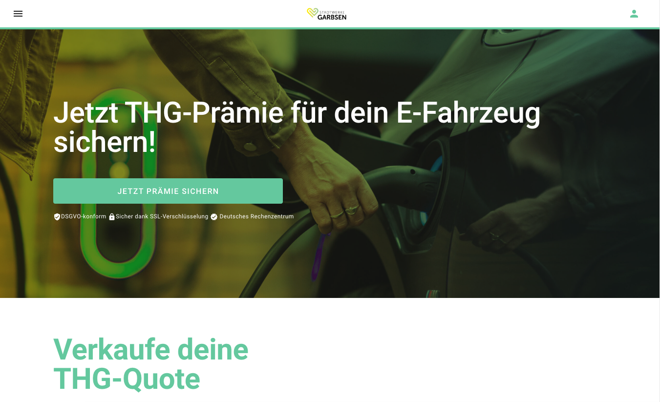 Ein Screenshot der THG Quoten White Label Software, am Beispiel der CI Farben unseres Partners Stadtwerke Garbsen.