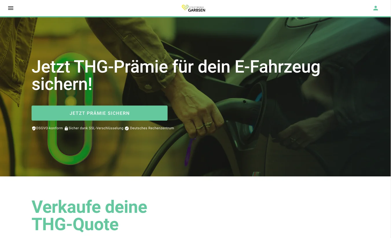 Ein Screenshot der THG Quoten White Label Software, am Beispiel der CI Farben unseres Partners Stadtwerke Garbsen.